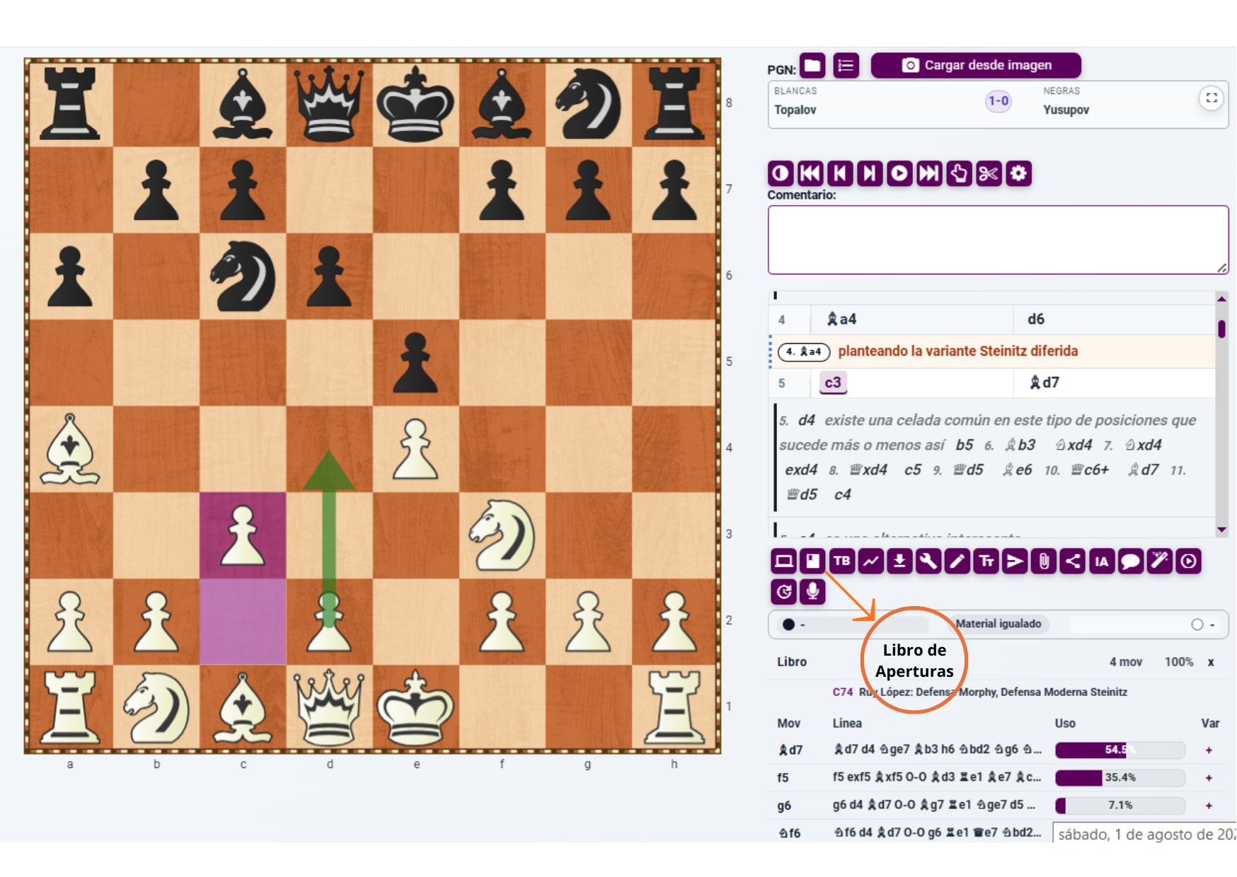Libro de aperturas de MainChess con líneas y porcentajes de uso